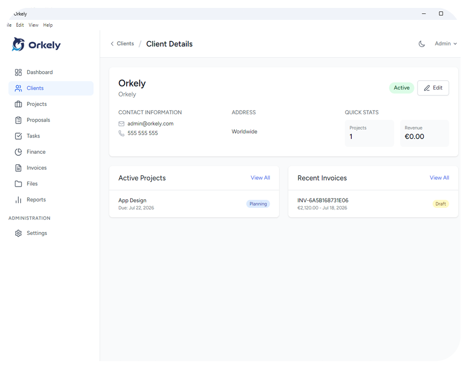 Orkely client management screen