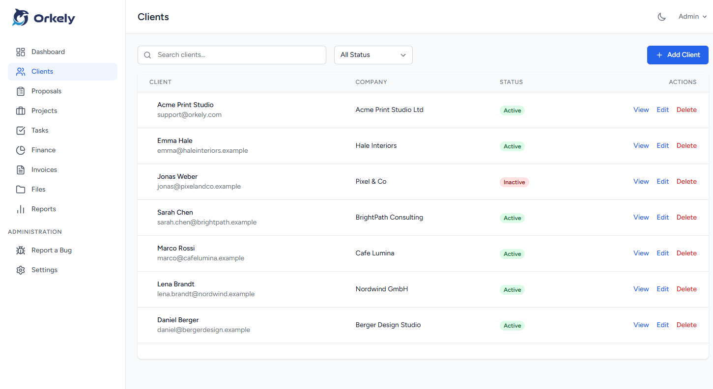 Orkely clients screen