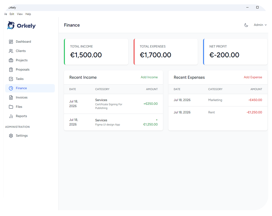 Orkely finance and expense tracking screen