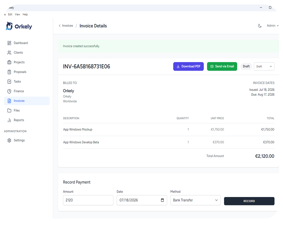 Orkely invoice details view