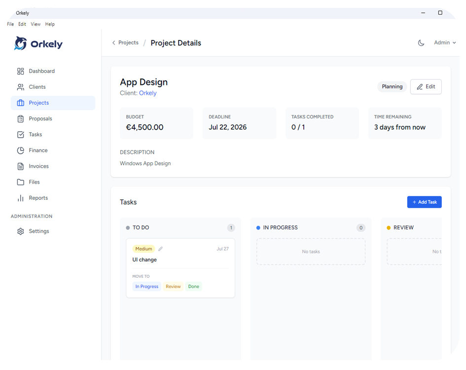 Orkely project management screen