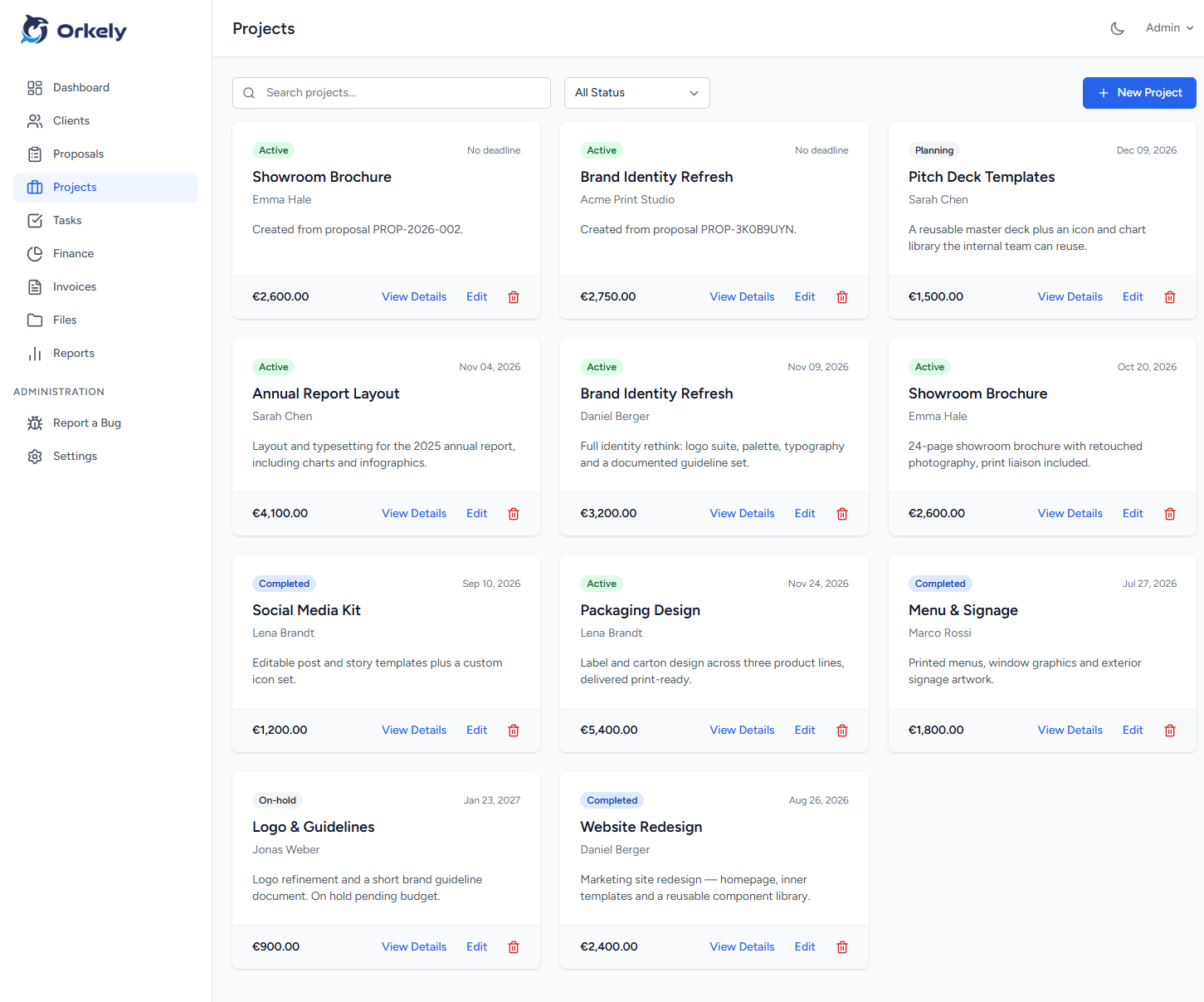 Orkely projects screen
