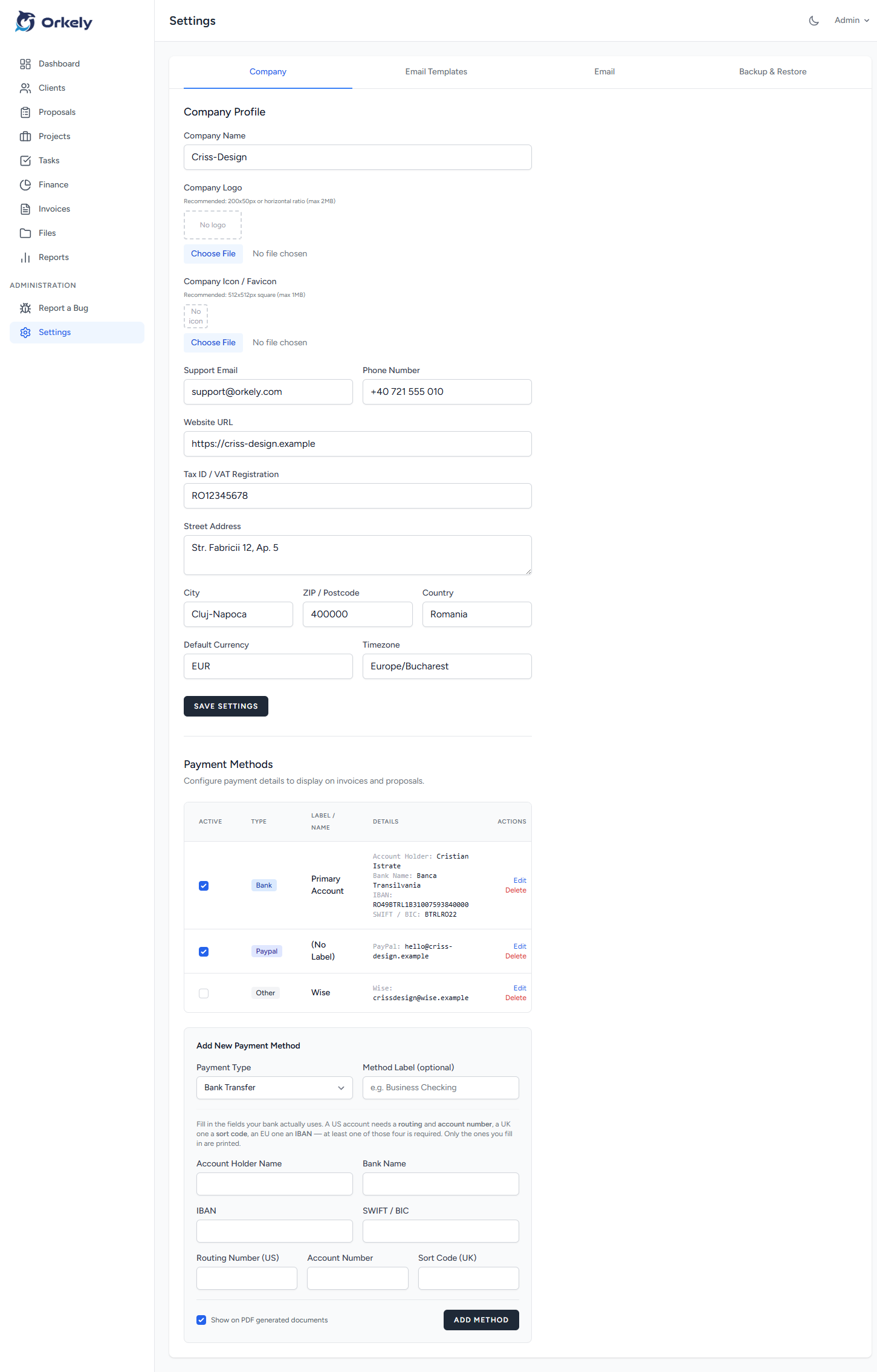 Orkely payment methods screen