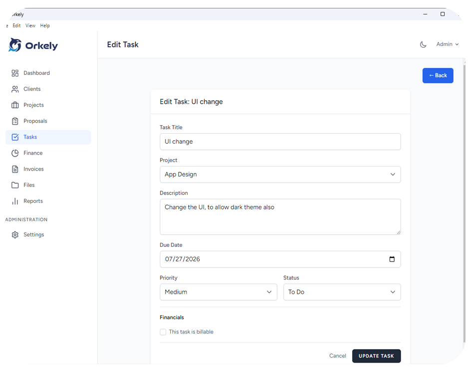 Orkely task tracking and kanban screen